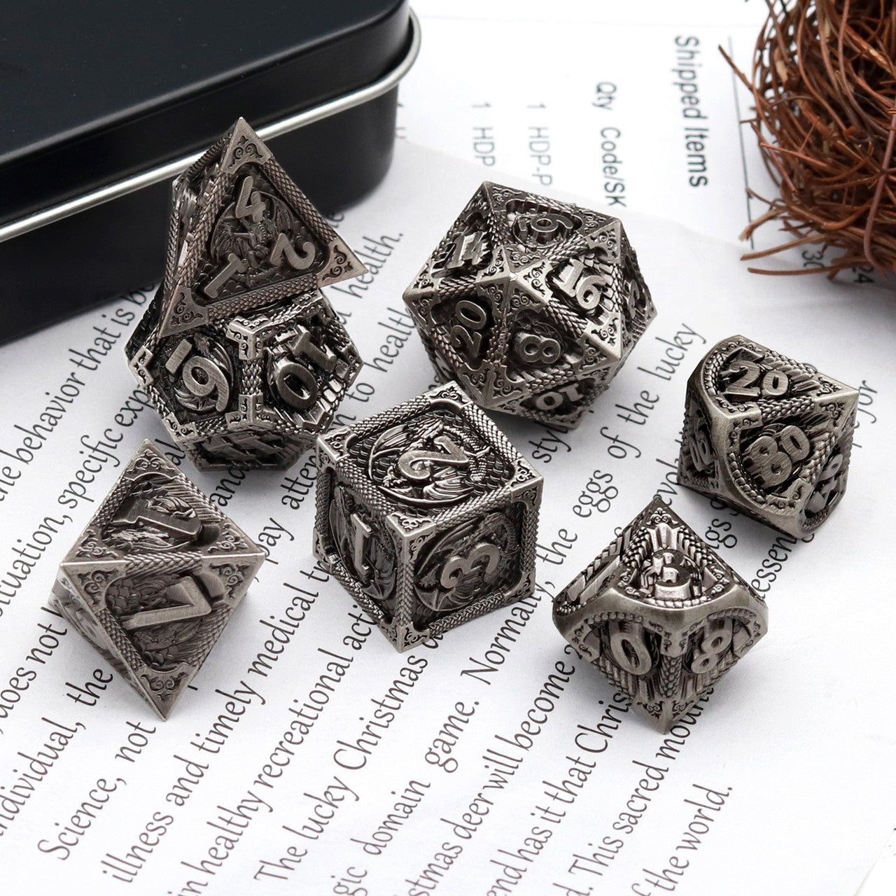 antique iron metal dnd dice set dragon pattern