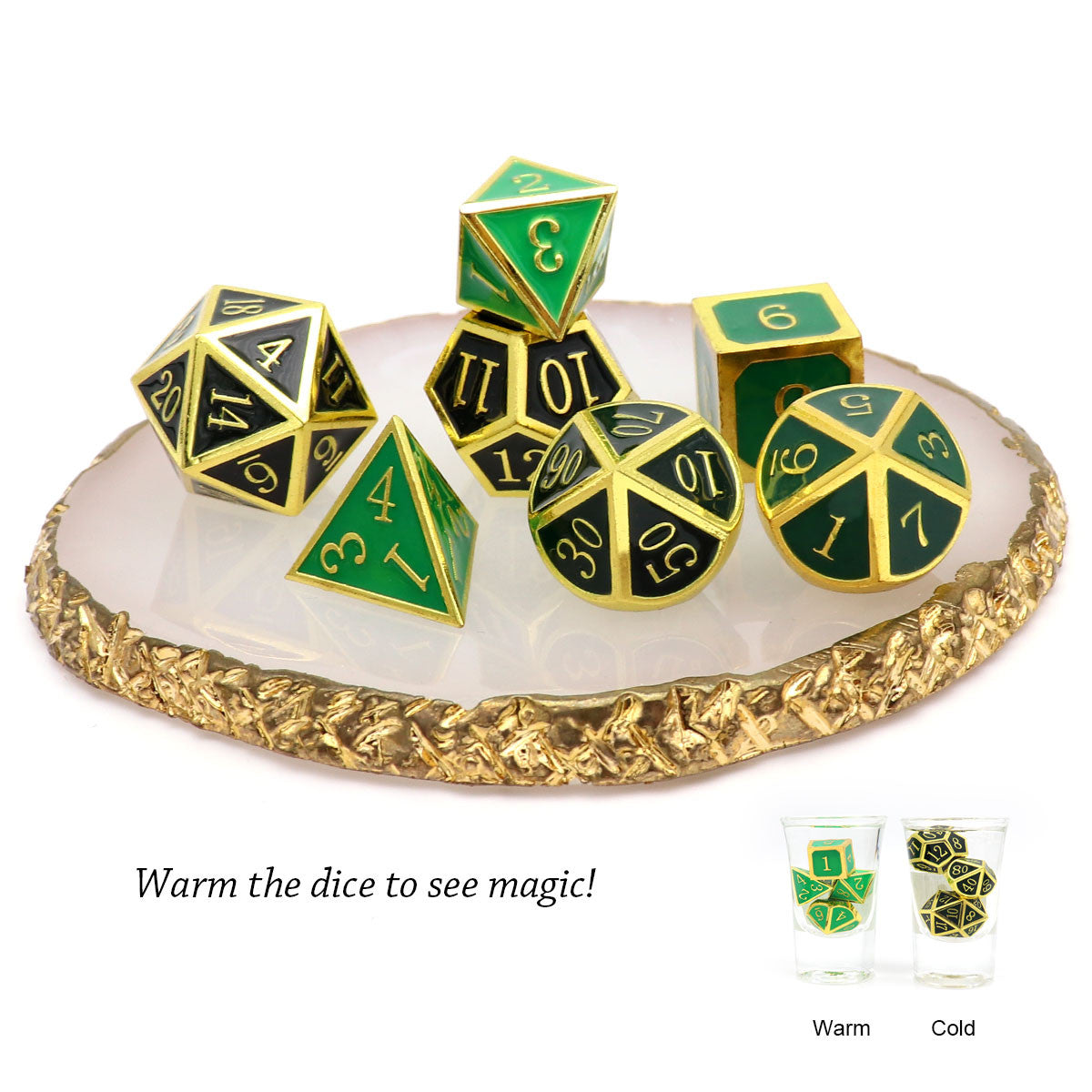 color changing metal dice, metal dnd dice , dnd dice set, gold dice, black dice, green dice, temperature dice, gold green metal dice
