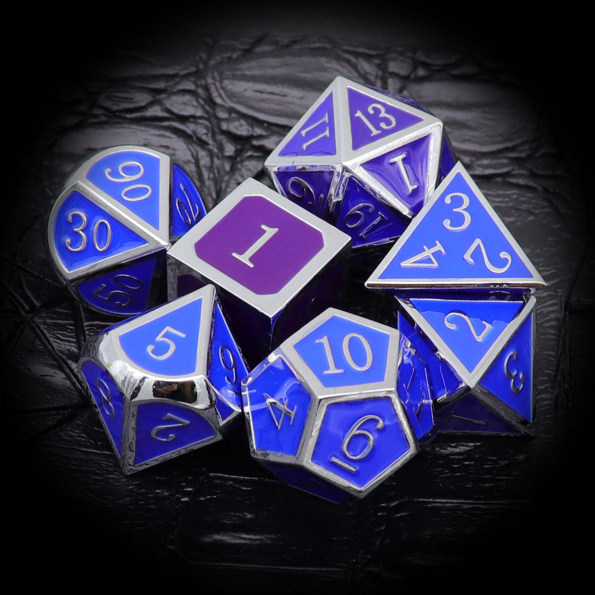 silver metal dice, silver purple dice, silver blue dice, metal dnd dice, dice set, metal dice, color changing dice, heat sensitive dice.