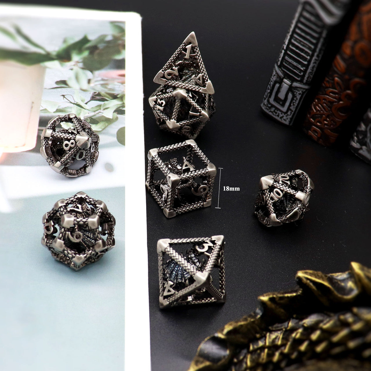 antique iron hollow metal dice dragon