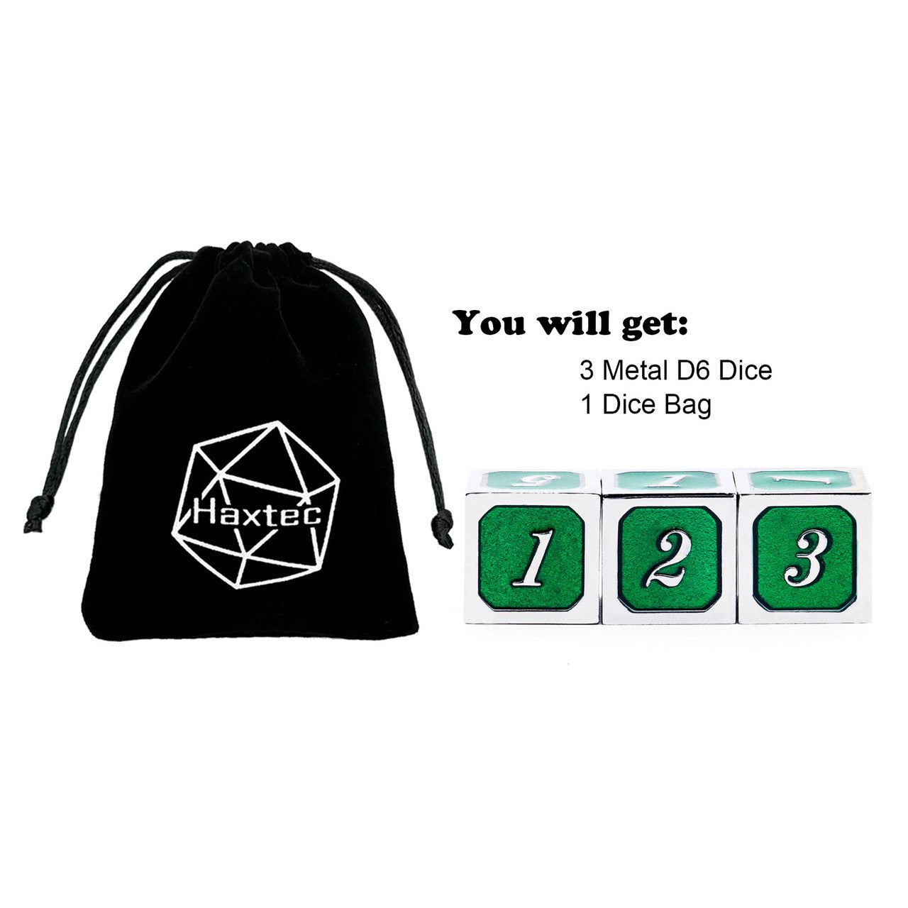 silver green metal dice, metal d6 die, haxtec metal dice