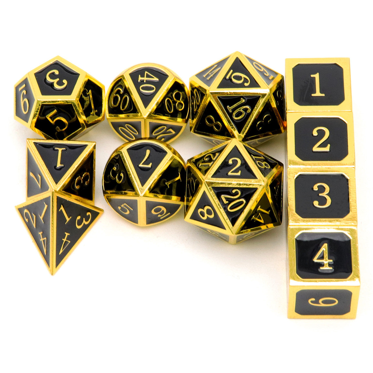 metal dice, dnd dice, gold dice, black dice, dice set, dnd dice