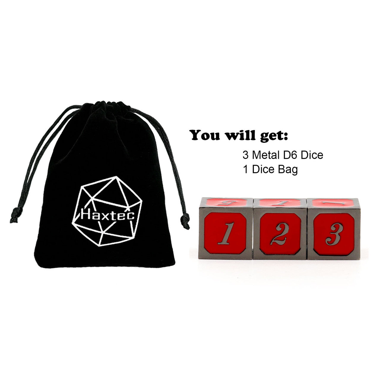 black metal dice, red metal dice, black red dice, d6, metal d6 dice, single d6, haxtec dice