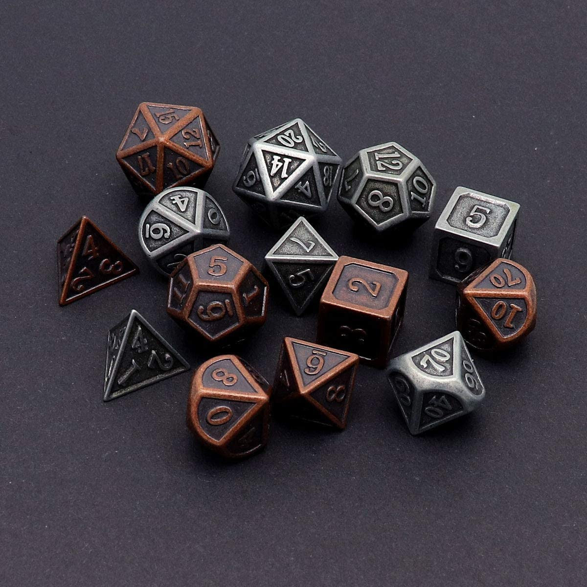 antique dice, metal dnd dice, dice set, copper dice, iron dice