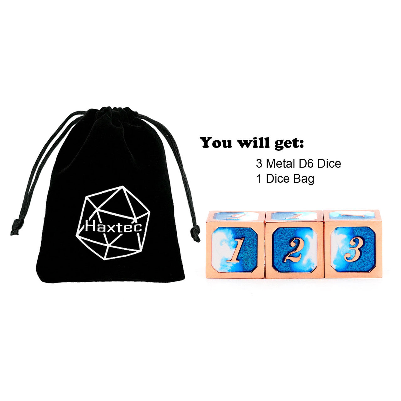 copper blue white dice, single d6 dice, metal d6 dice