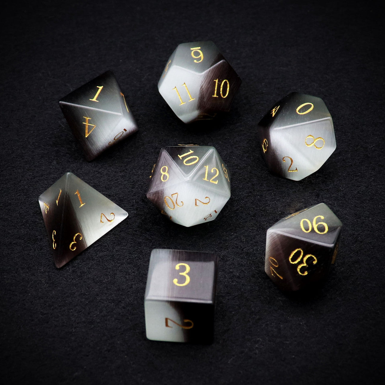 black and white cat eye stone dnd dice set gemstone