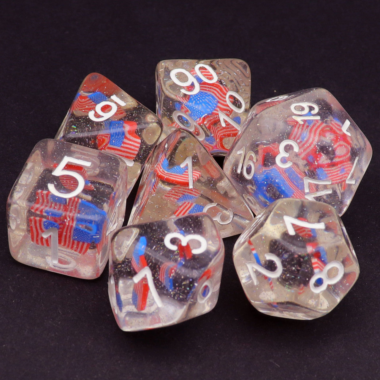 american flag dice, flag dice, glitter dice, dnd dice, rpg dice, dice set d d dice, red blue dice