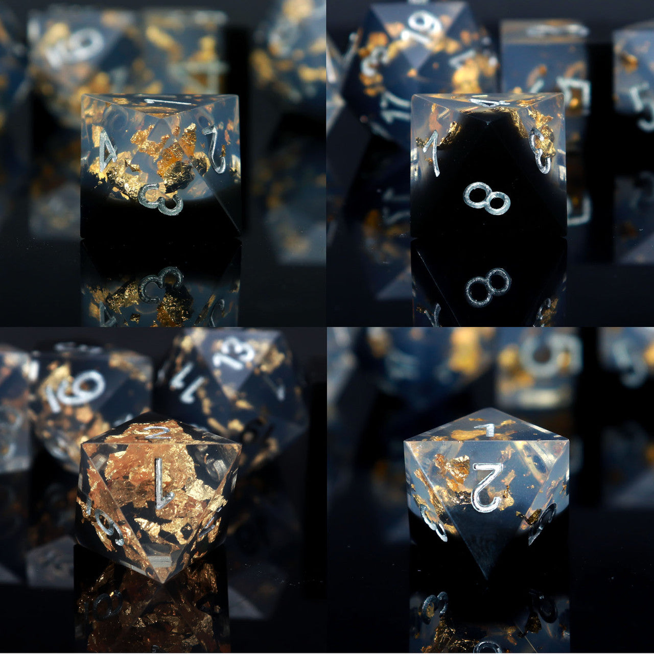 black clear gold foil resin dice set dnd sharp edge dice by haxtec
