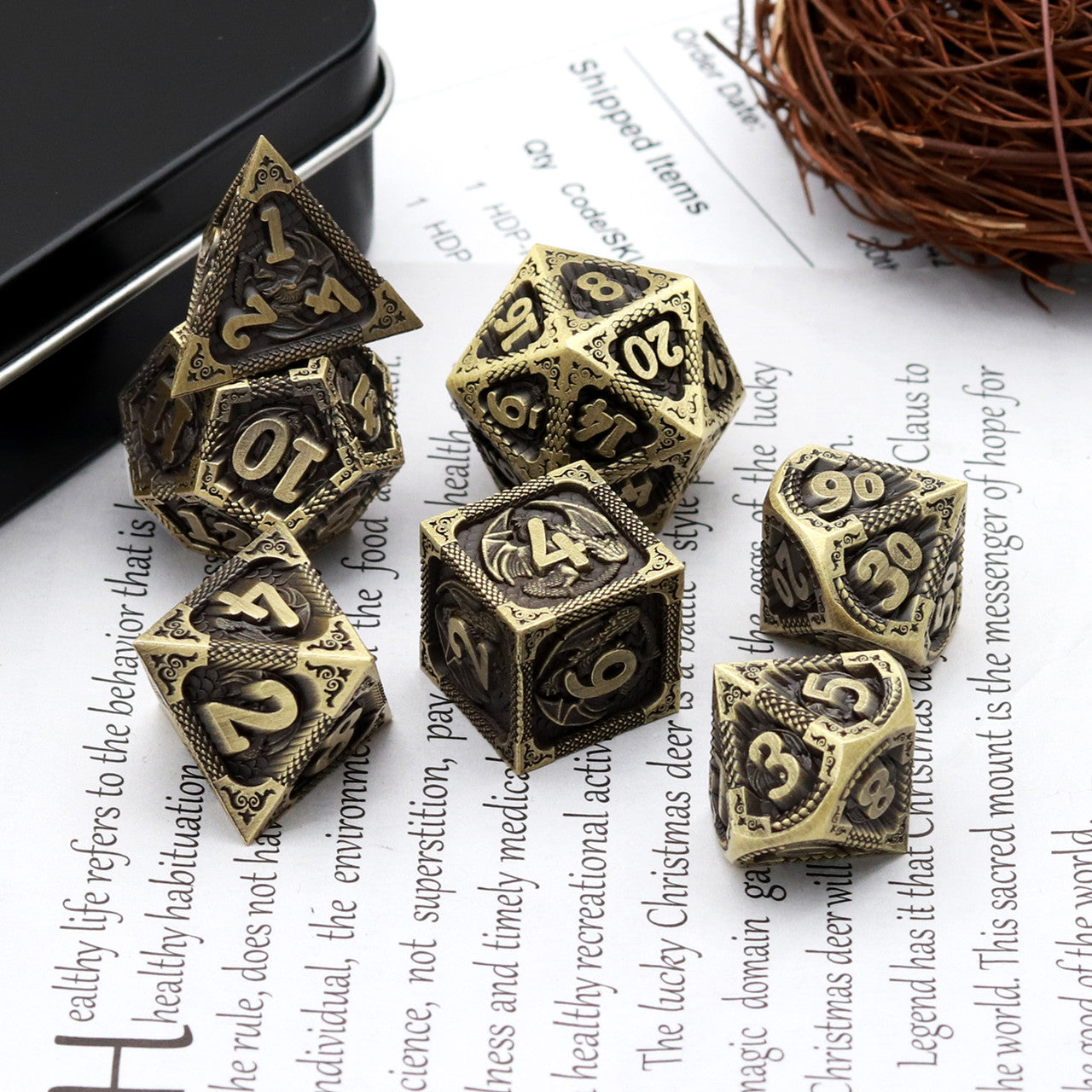 antiue bronze metal dnd dice set dragon pattern