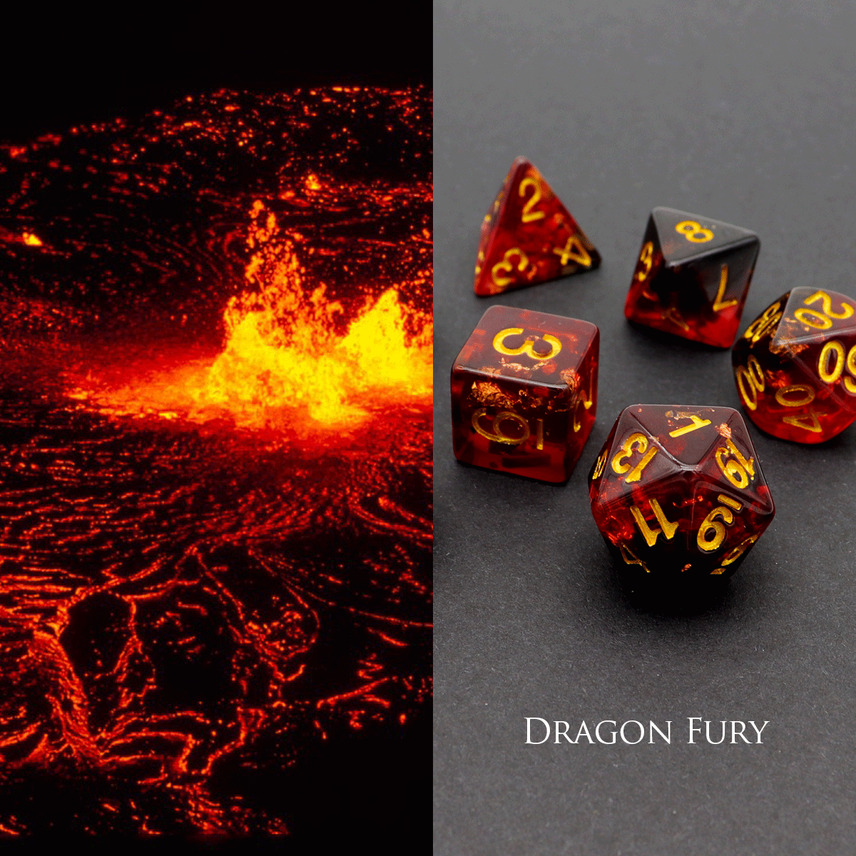 red dice, black dice, foil dice, gold foil dice, resin dice, black red dice, resin dnd dice, dice set, dnd dice, polyhedral dice, rpg dice, fire dice