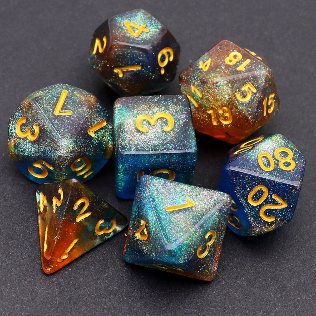 haxtec glitter dnd dice set, blue tea dice set, fire opal dice set, rpg dice, dragon dice, d&d dice