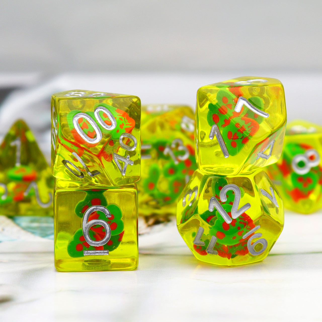 red green dice, yellow dice, olive dice, dnd die, rpg dice, resin dice, filled dice, filled resin dice, dice set, dnd dice set, rpg dice set, haxtec dice, ghost face dice, ghost dice, halloween dice, spirit dice