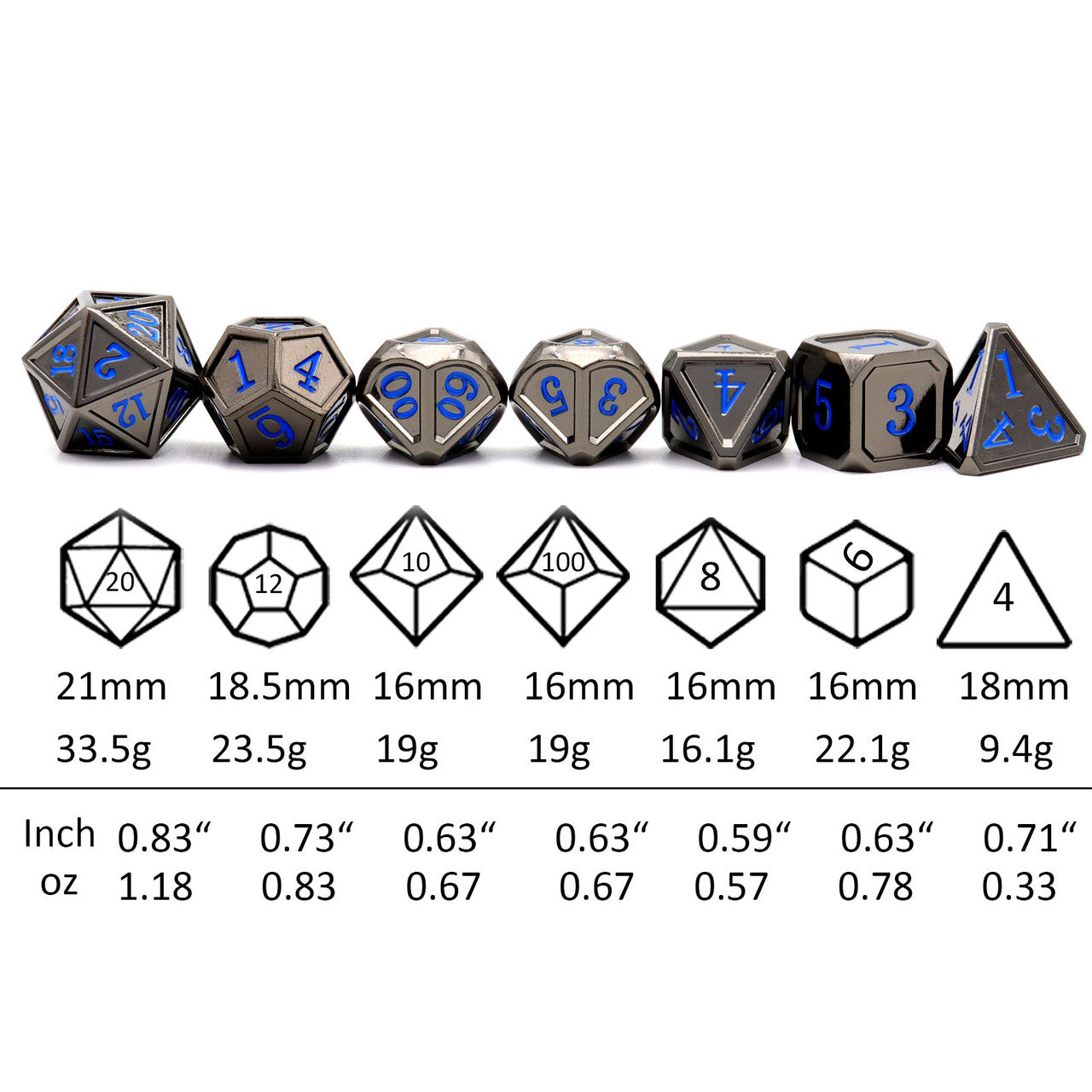Haxtec Classic Collection Metal DND Dice-Black Blue Numbers