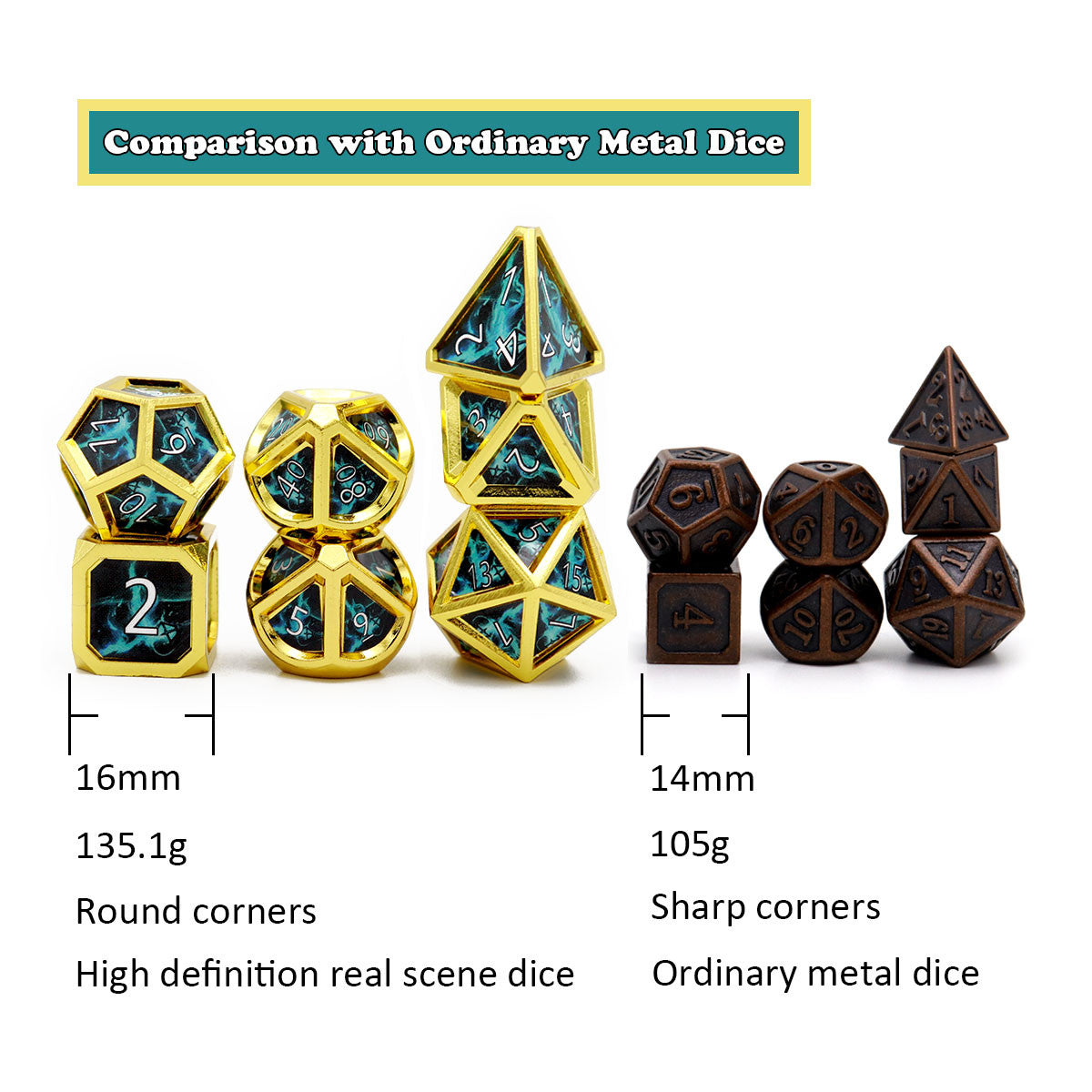 Haxtec Real Scene Metal Dice Set Gold Purple RPG Dice for DND 5E-Meteor Swarm