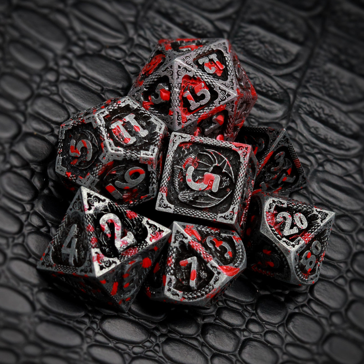 bloodstained metal dnd dice set dragon pattern