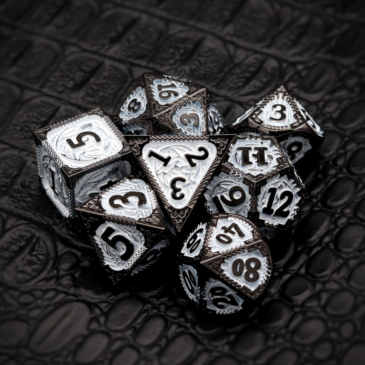 black white metal dnd dice set