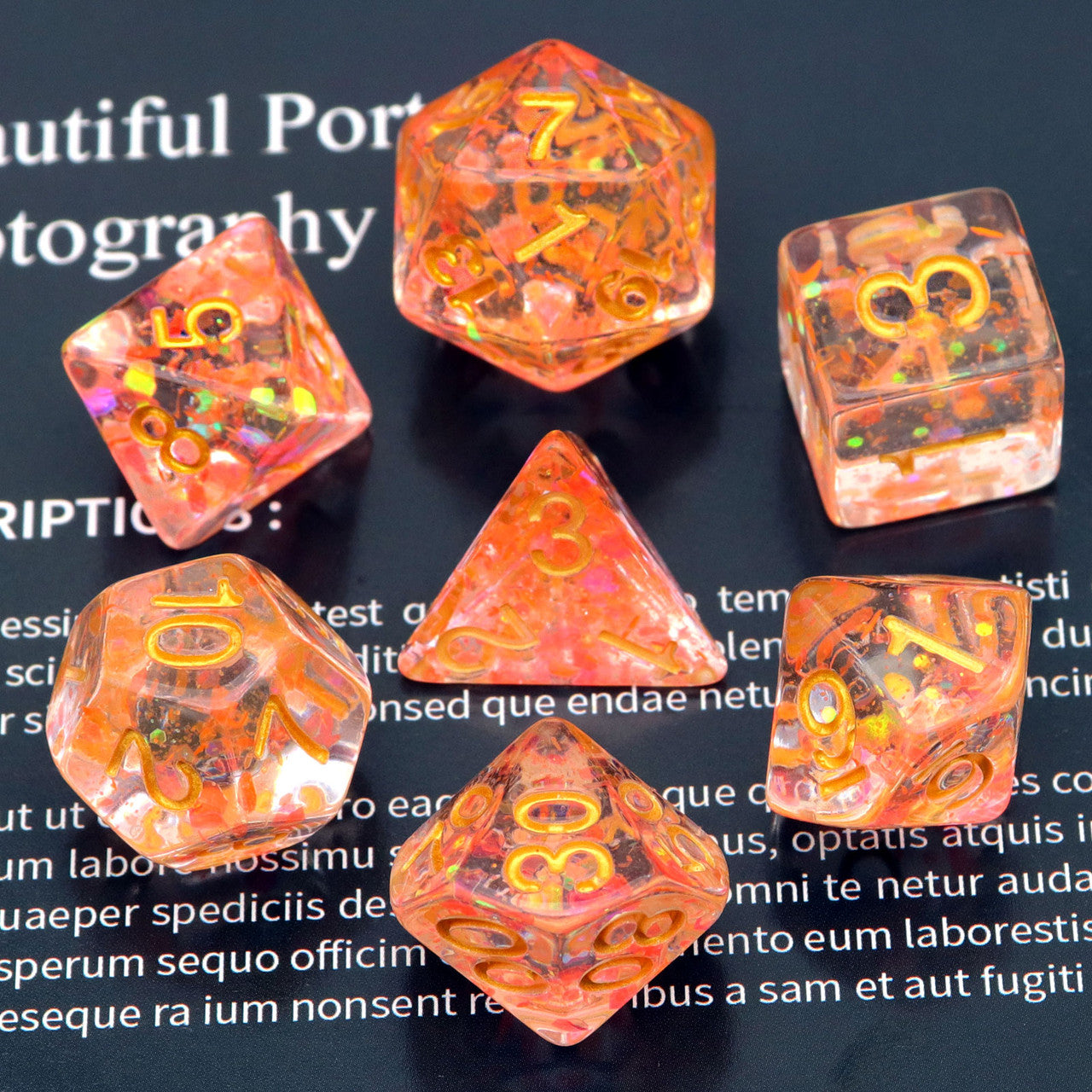 dnd dice, orange dice, dice set, dnd dice, dd dice, pink dice, glitter dice