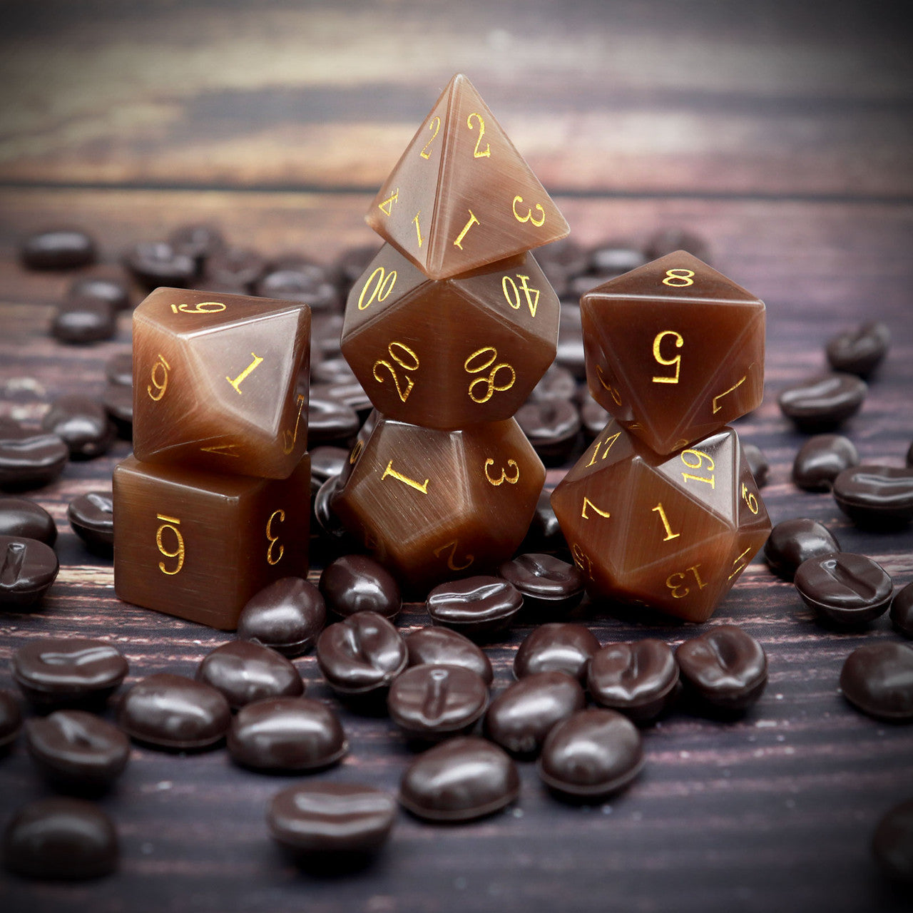 Coffee Cat Eye Stone DND Dice Set with Premium Dice Case