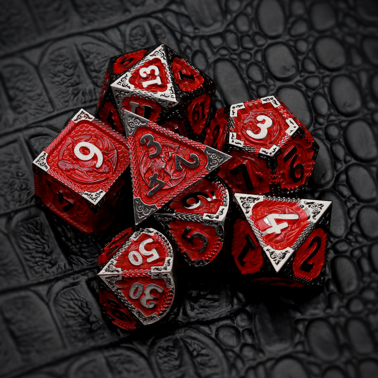 Haxtec Fire-breathing Dragon Pattern Metal DND Dice Set With Leather Dice Bag for Dungoens and Dragons RPG Gifts-Black Red