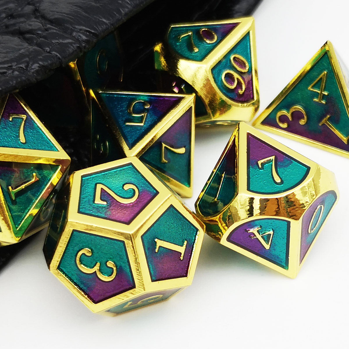 gold teal purple metal dice for rpg games