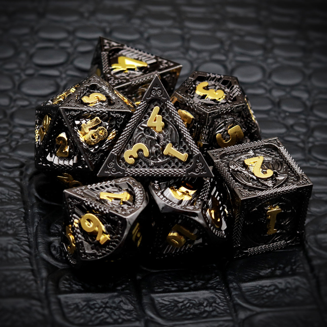 black gold metal dnd dice set dragon pattern