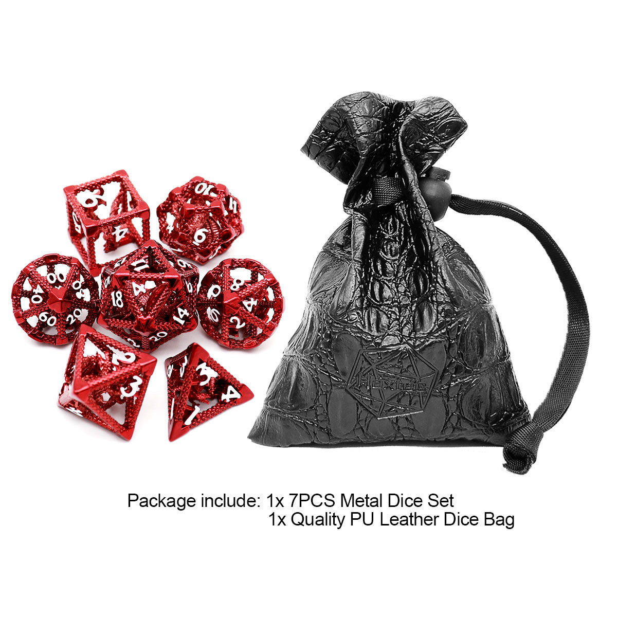 Haxtec Hollow Dragon Metal DND Dice Set With Leather Dice Bag for Dungoens and Dragons RPG Gift Red Dragon