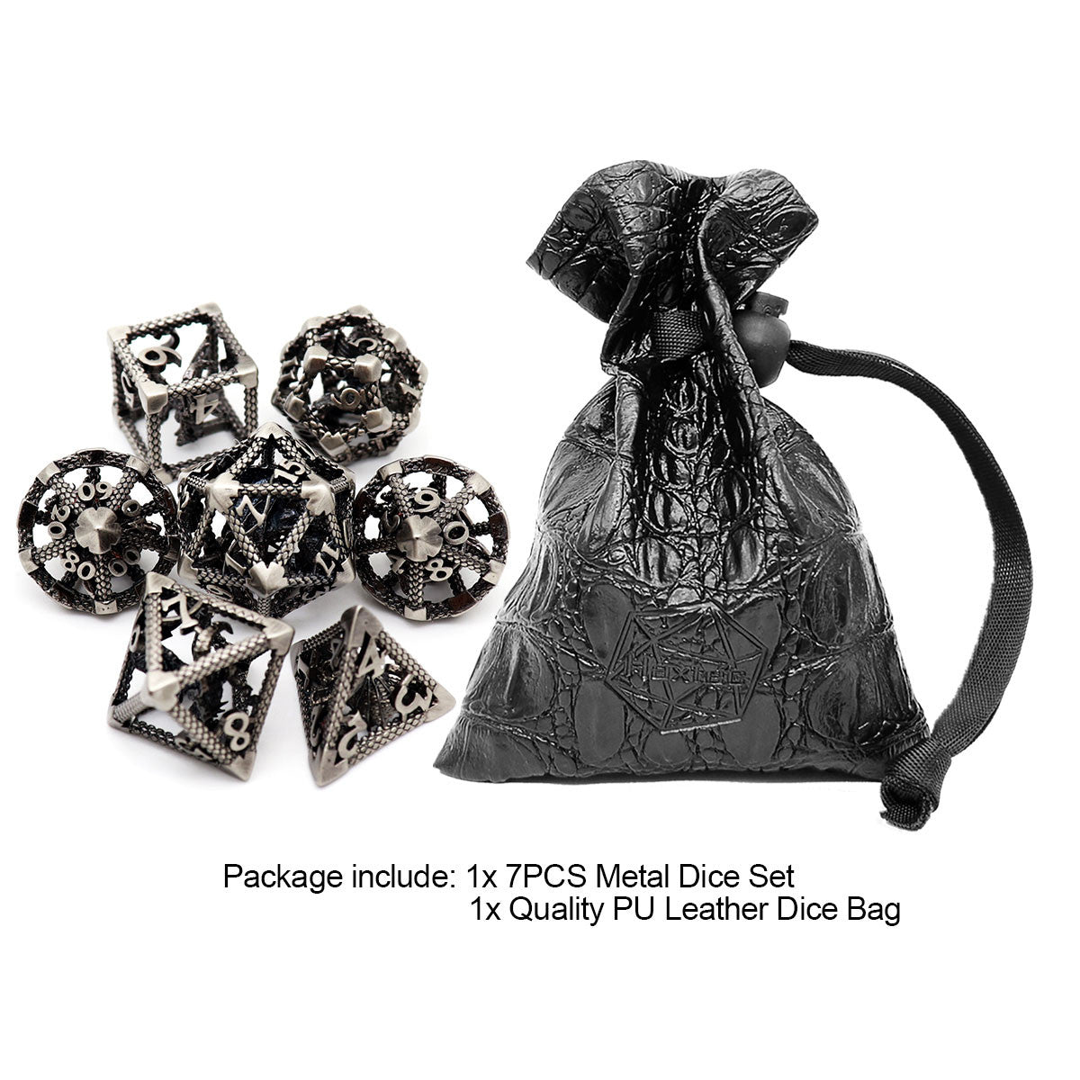 Haxtec Hollow Dragon Metal DND Dice Set With Leather Dice Bag for Dungoens and Dragons RPG Gift Antique Iron-Silver Dragon