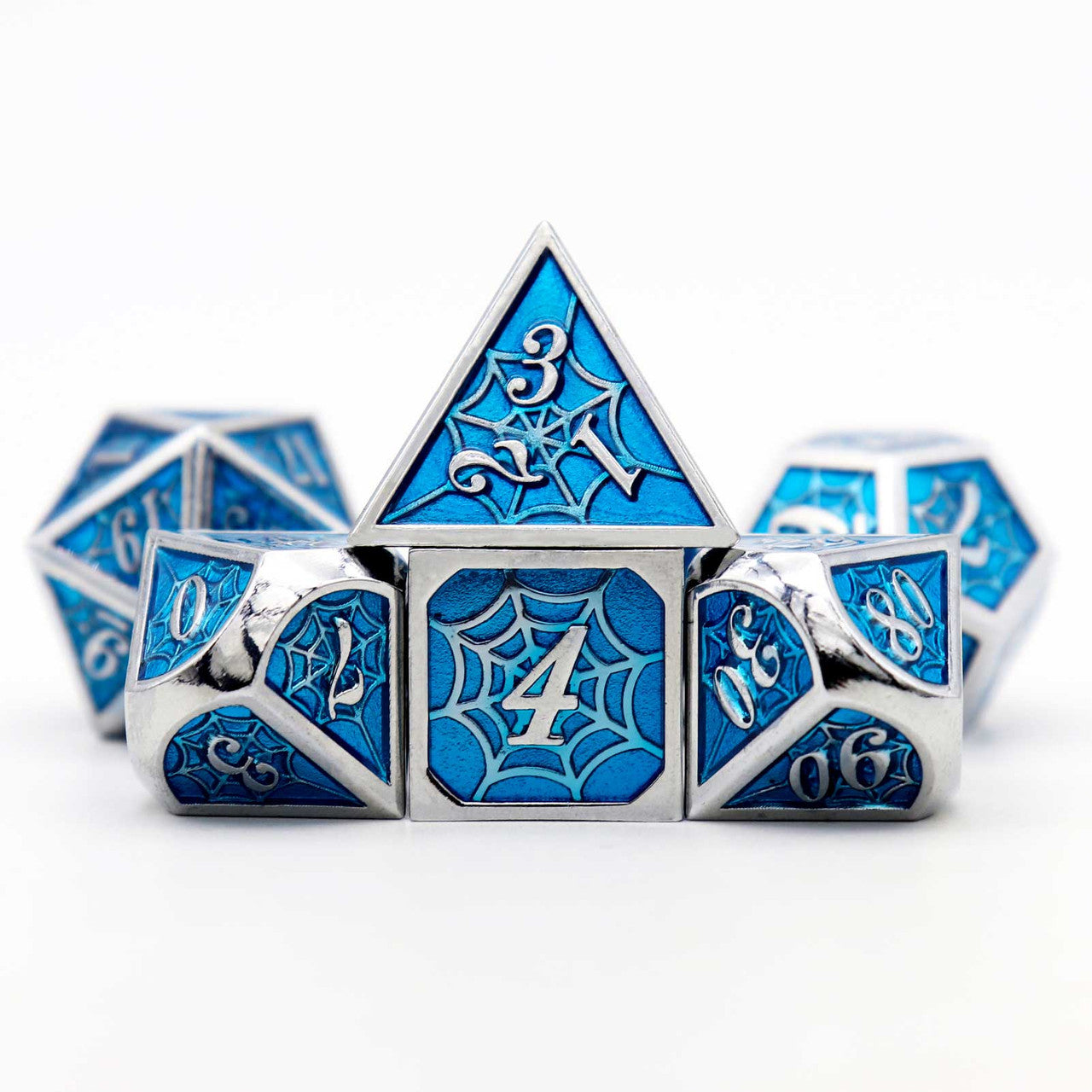 haxtec dice, blue dice, metal dice blue, dnd dice, the net dice, net dice, silver blue dice, silver metal dice