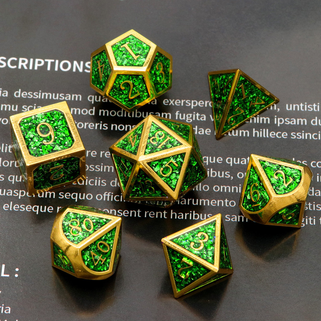 gold glitter metal dice, green glitter dice, gold metal dice, metal dnd dice, polyhedral metal dice