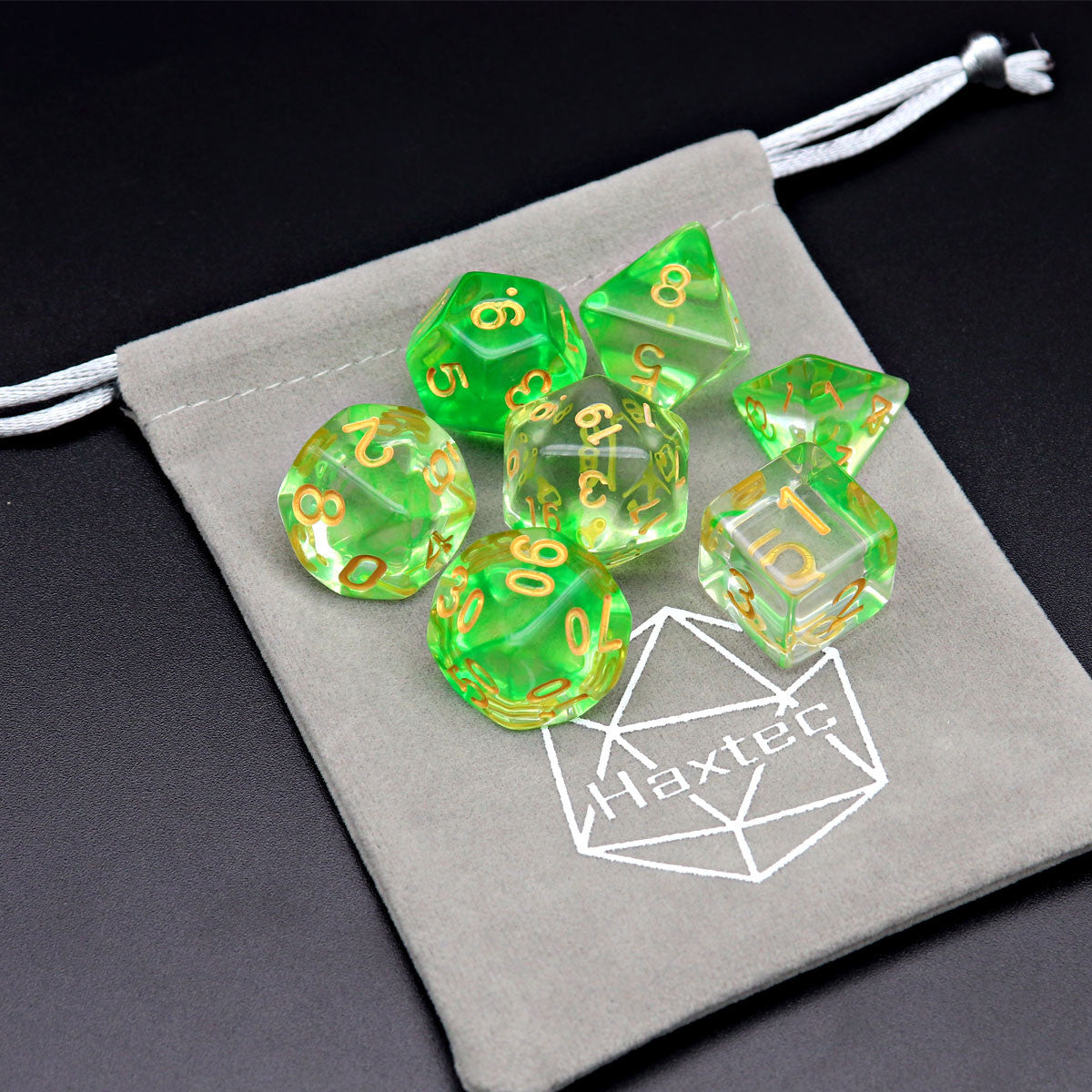 green dice, vapor dice, wisp dice, ink dice clear dice, swirl dice, dnd dice, rpg dice, polyhedral dice