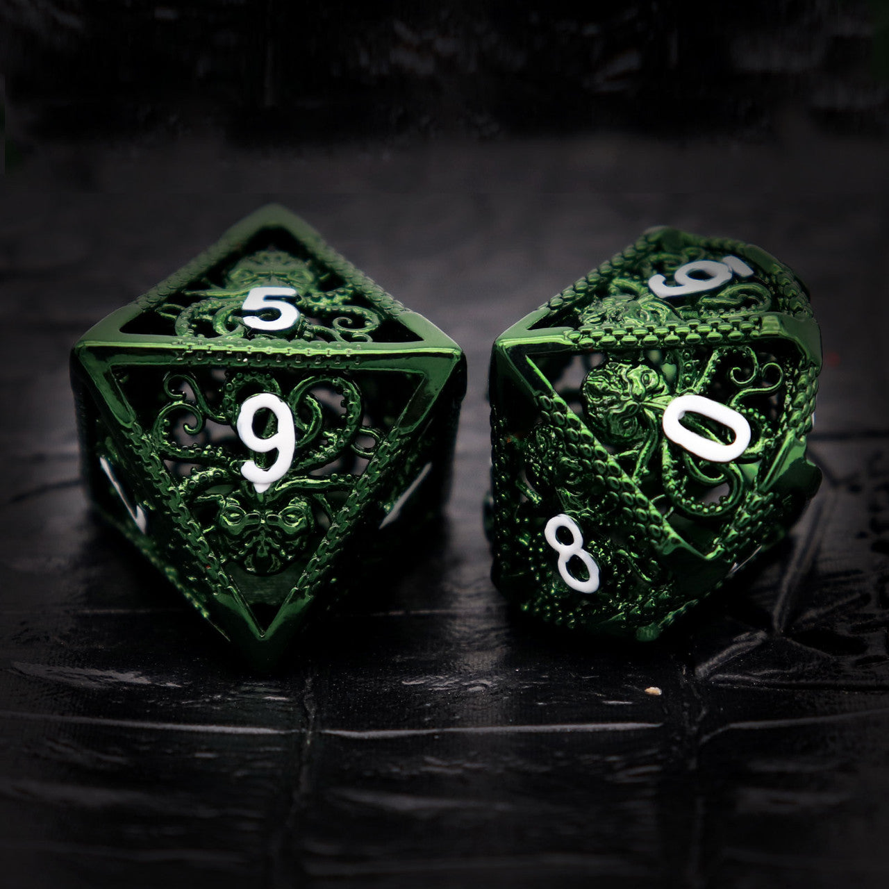 Haxtec Hollow Metal DND Dice Set Octopus Kraken Mind Flayer Dice-Green White Numbers