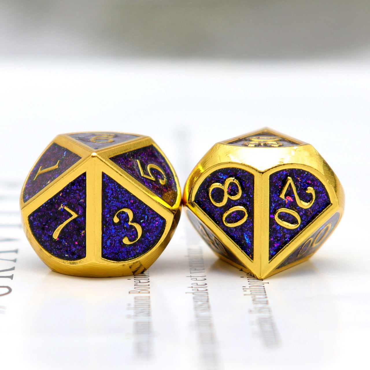 gold metal dice, glitter metal dice , blue glitter dice, haxtec metal dice, blue purple glitter dice, rpg dice , polyhedral metal dice