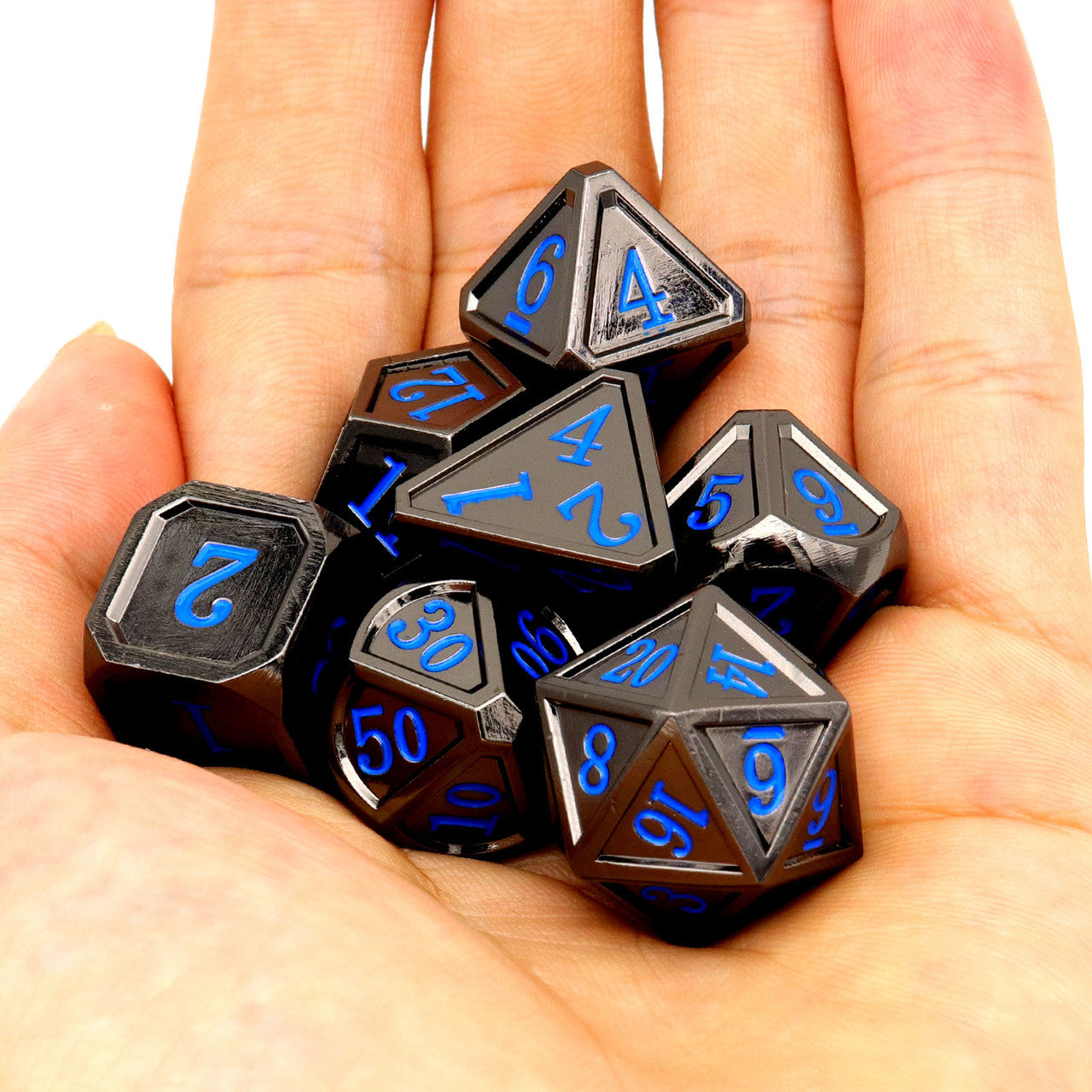 Haxtec Classic Collection Metal DND Dice-Black Blue Numbers