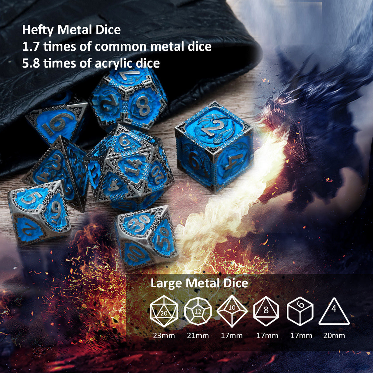 black blue metal dnd dice set with dragon leather dice bag