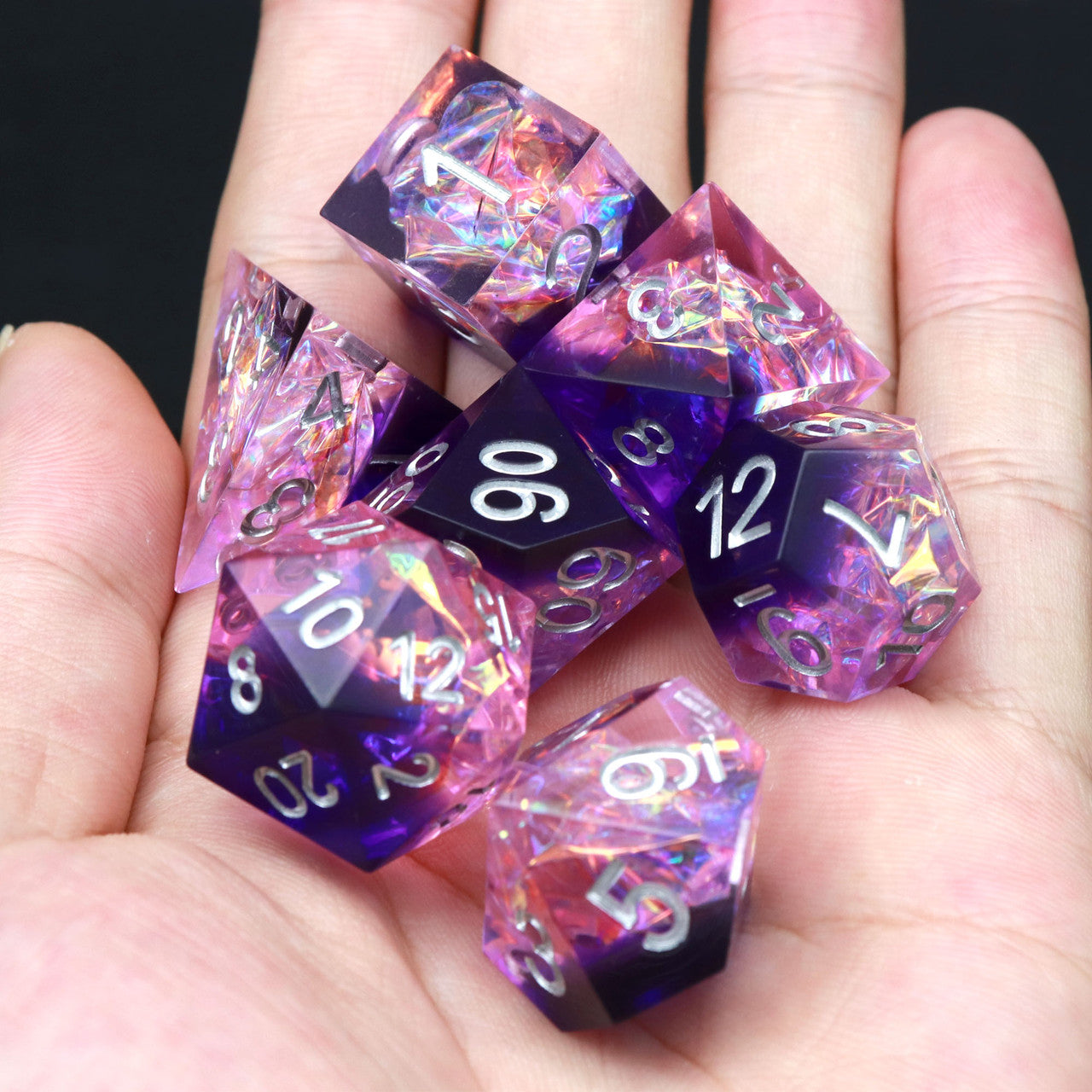 purple clear mylar inclusion sharp edge dice set with dice vault