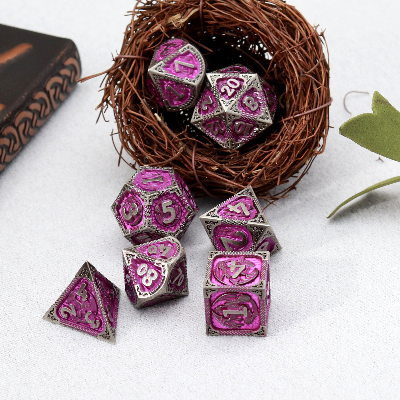 antique iron purple metal dnd dice set dragon pattern