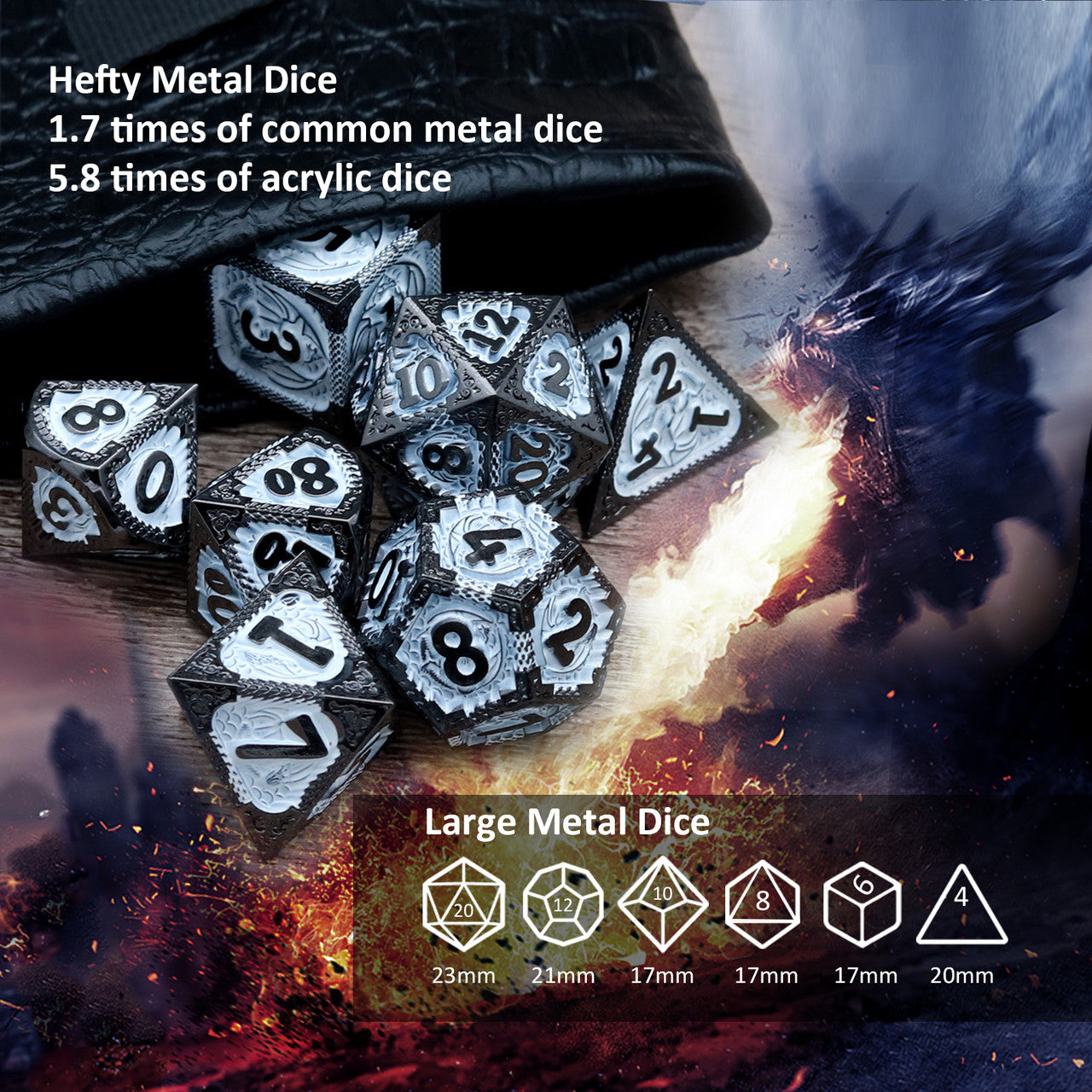 black white metal dnd dice set