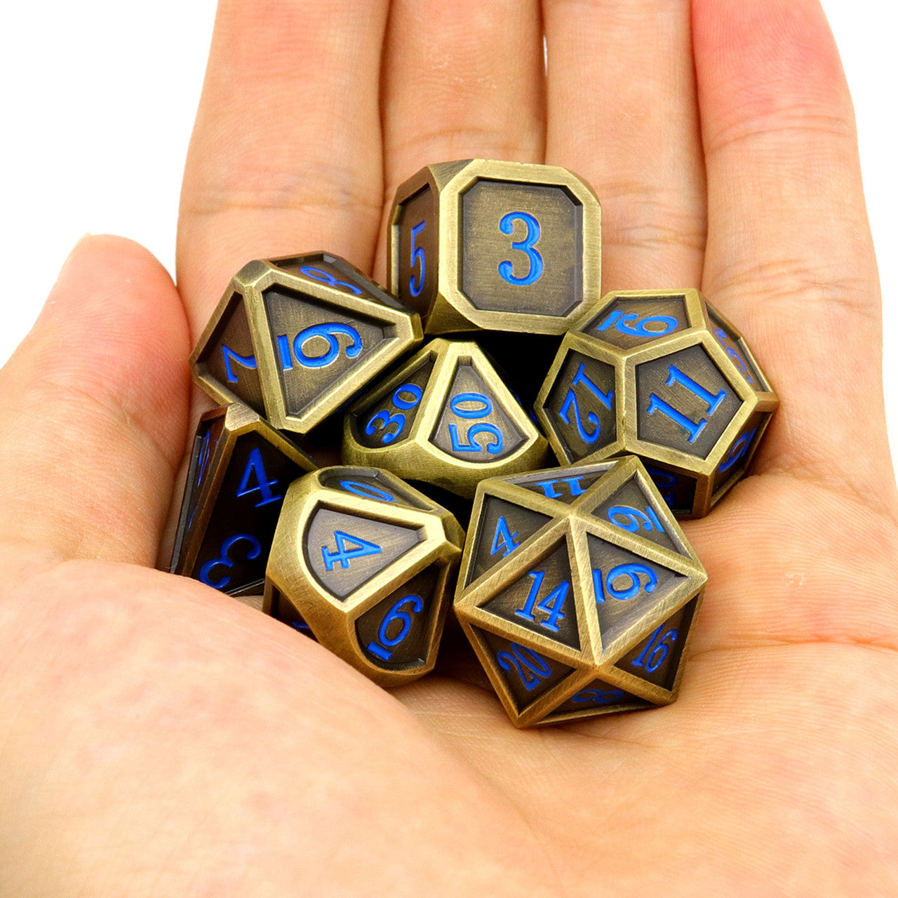 Haxtec Classic Collection Metal DND Dice-Fine Antique Bronze Blue Numbers
