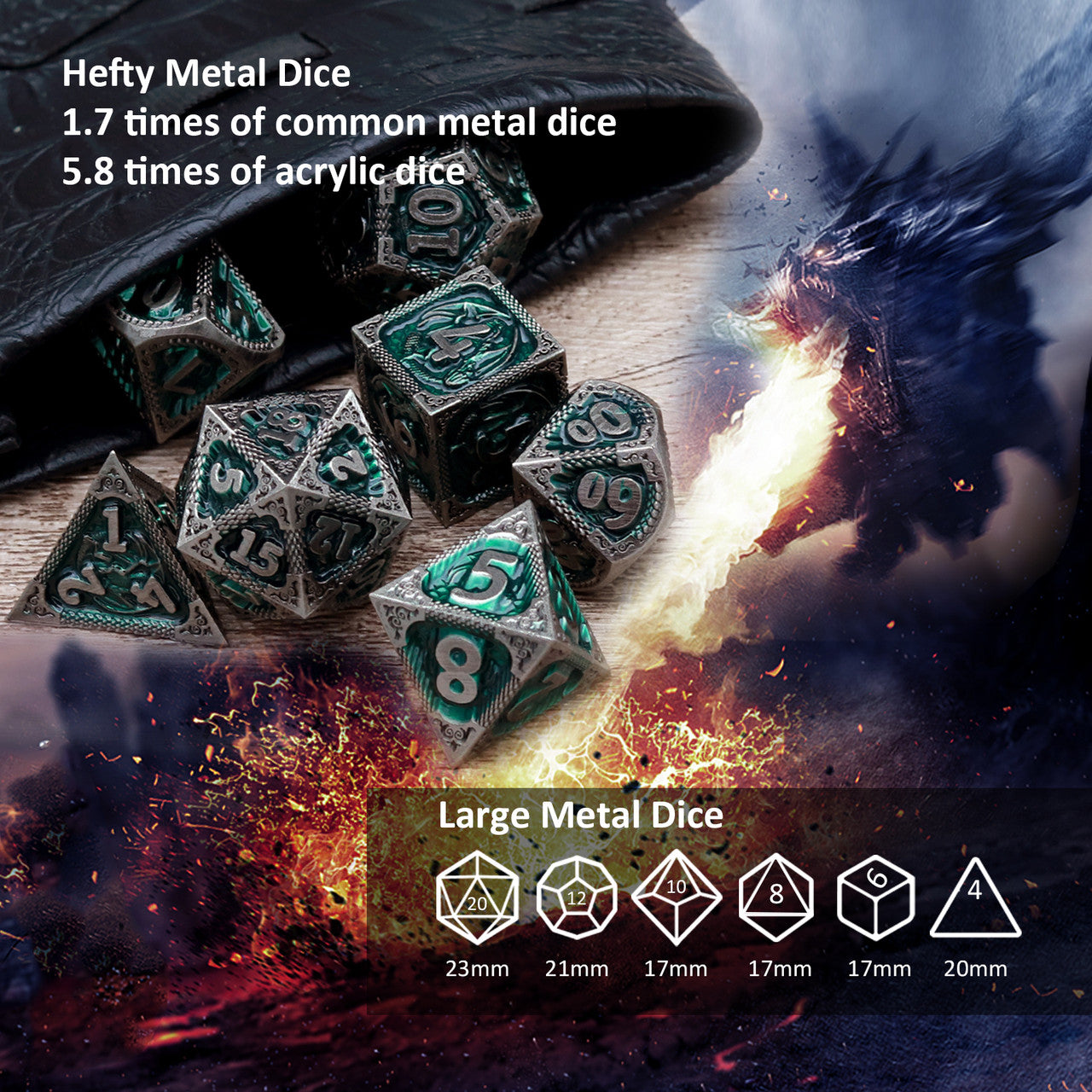 green metal dnd dice set with dragon pattern and dragon skin leather dice bag