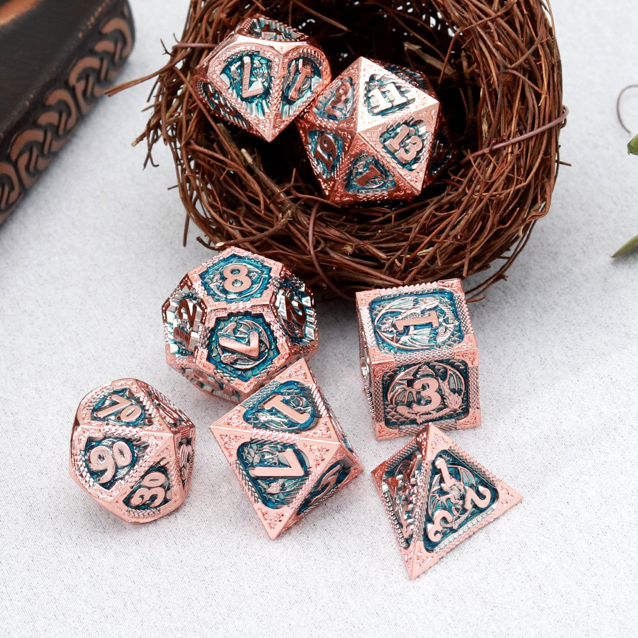 rosegold metal dnd dice set blue dragon pattern dnd dice