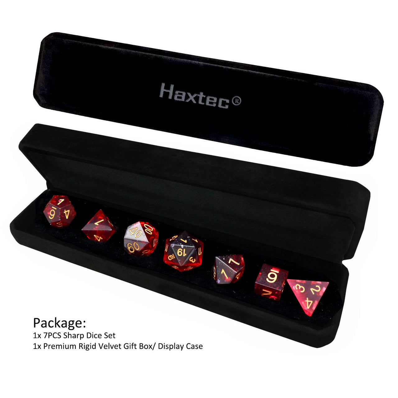 Haxtec Sharp Edge Resin Dice Set Red Purple Black Gold Foil  Inclusion War Series With Velvet Dice Vault