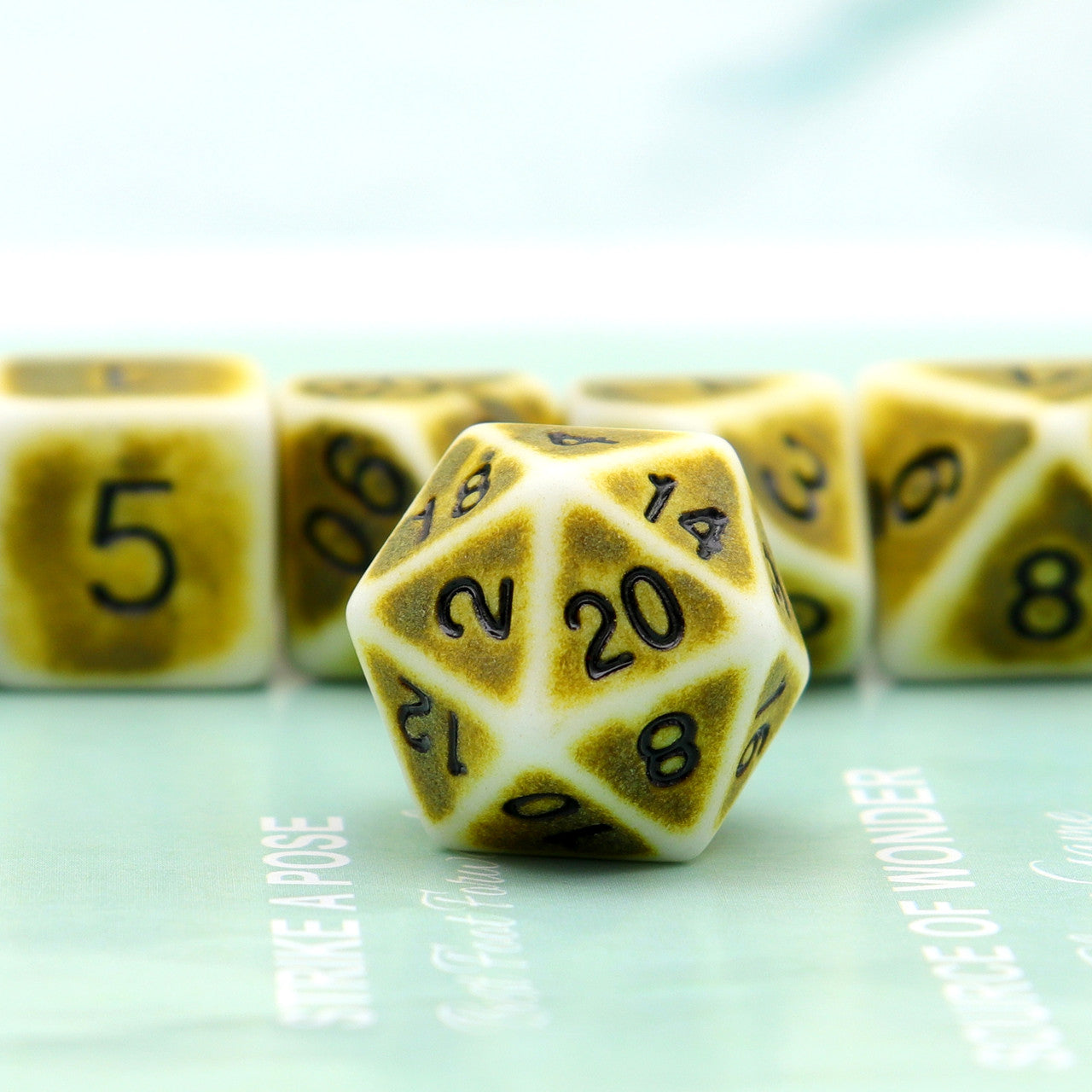 ancient dice, antique dice, bone dice, yellow dice, polyhedral dice, rpg dice, dice set,