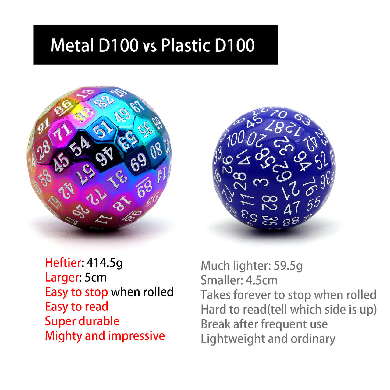rainbow metal dice, d100, d100 dice, metal d100 dice