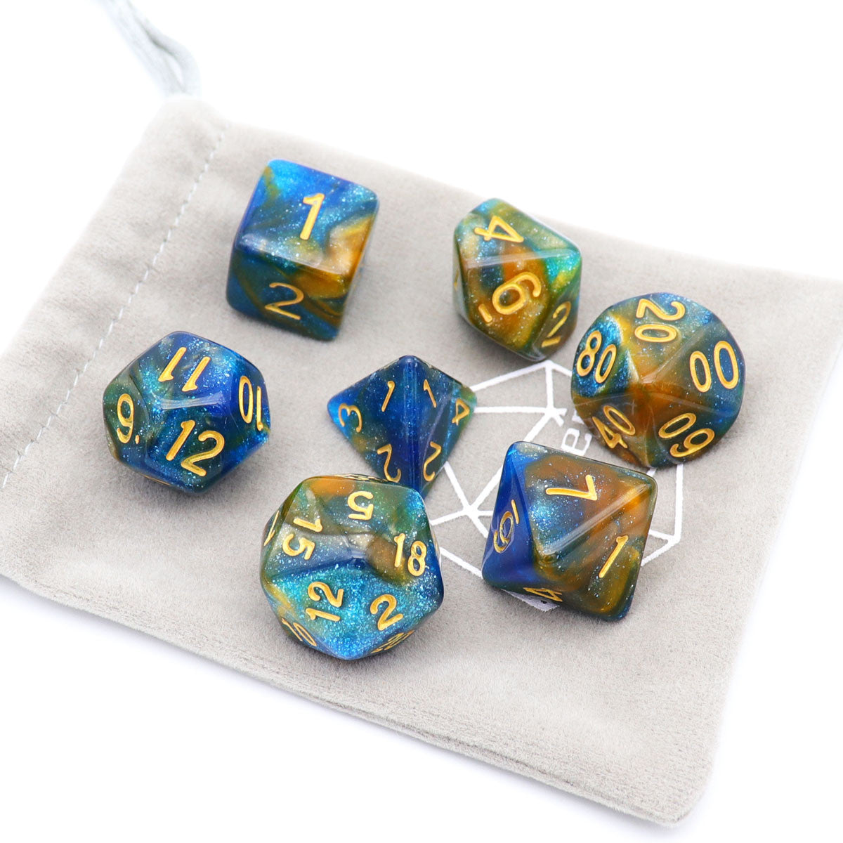 yellow blue dice, glitter dice, yellwo dice, blye dice, galaxy dice, nebula dice, dnd dice, dice set d d dice, polyhedral dice
