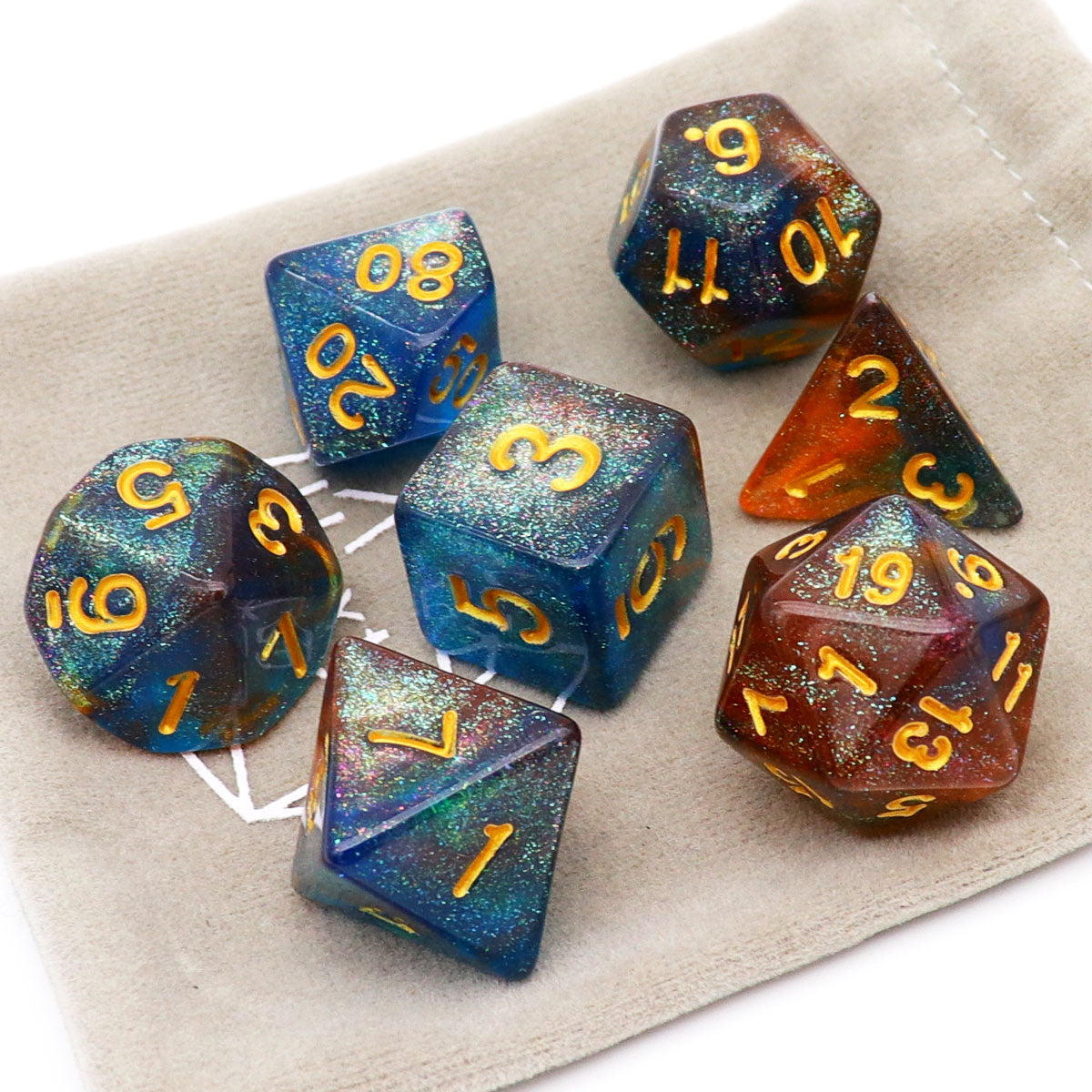 haxtec glitter dnd dice set, blue tea dice set, fire opal dice set, rpg dice, dragon dice, d&d dice