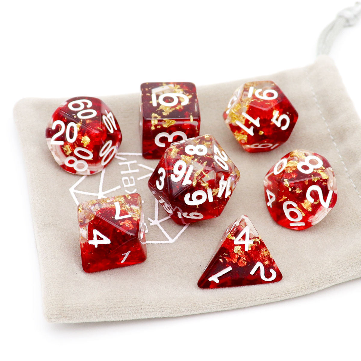 red resin dice, resin dice, dnd dice, dice set, dungeons and dragons, haxtec dice, rpg dice, red dice. gold leaf dice