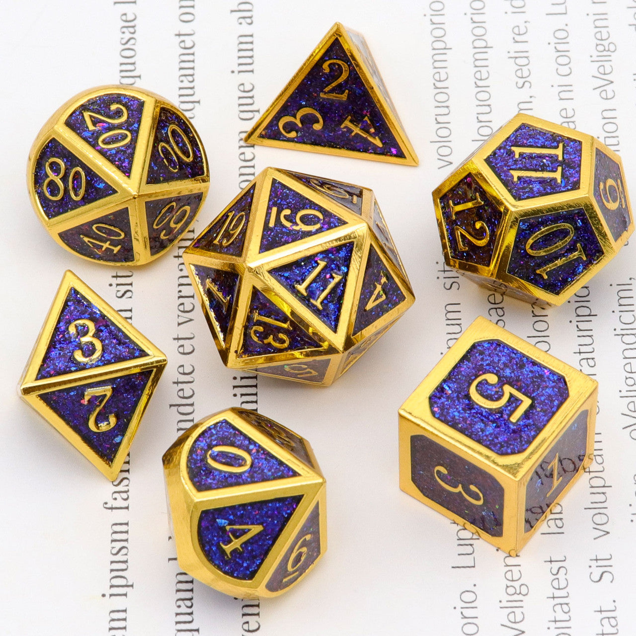 gold metal dice, glitter metal dice , blue glitter dice, haxtec metal dice, blue purple glitter dice, rpg dice , polyhedral metal dice