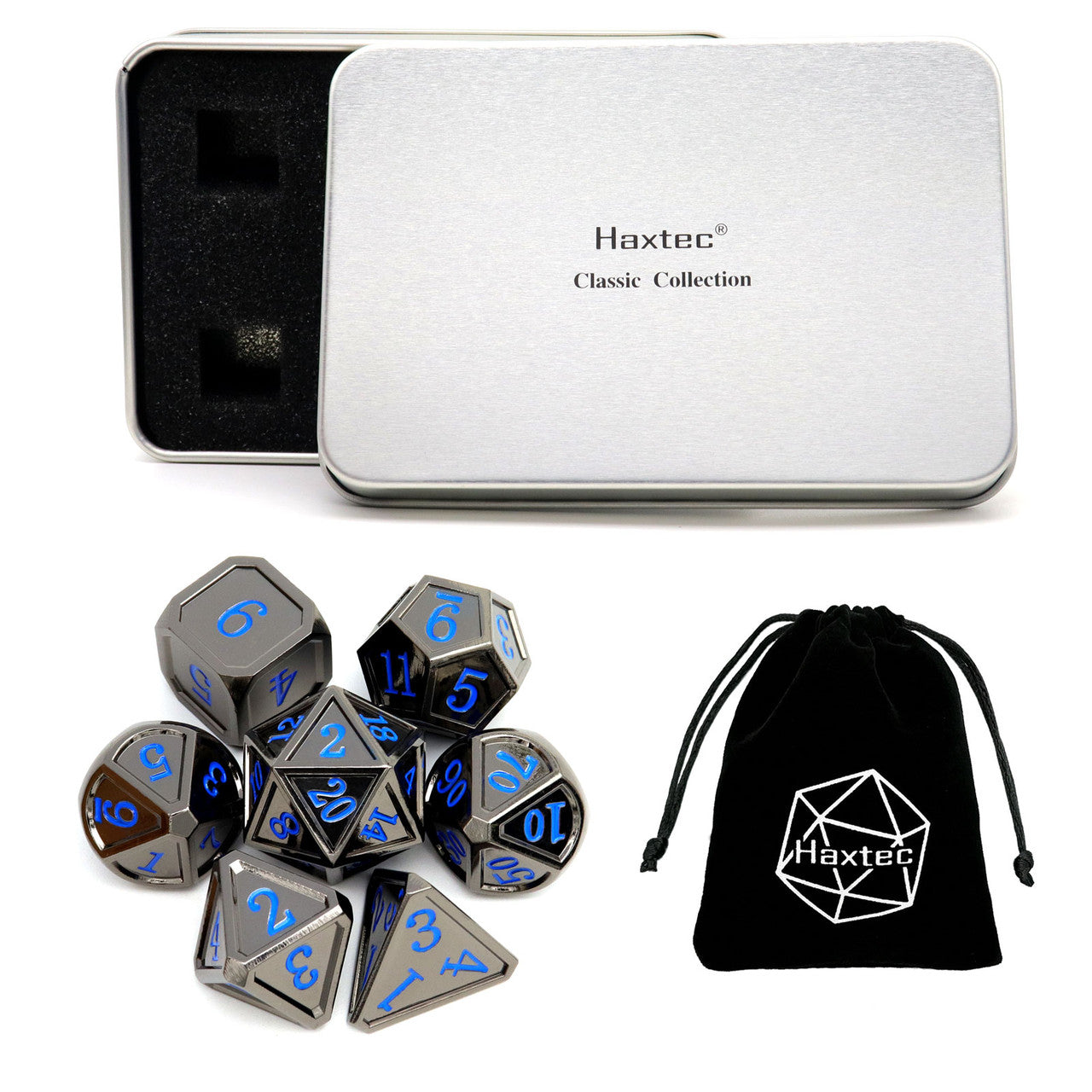 Haxtec Classic Collection Metal DND Dice-Black Blue Numbers