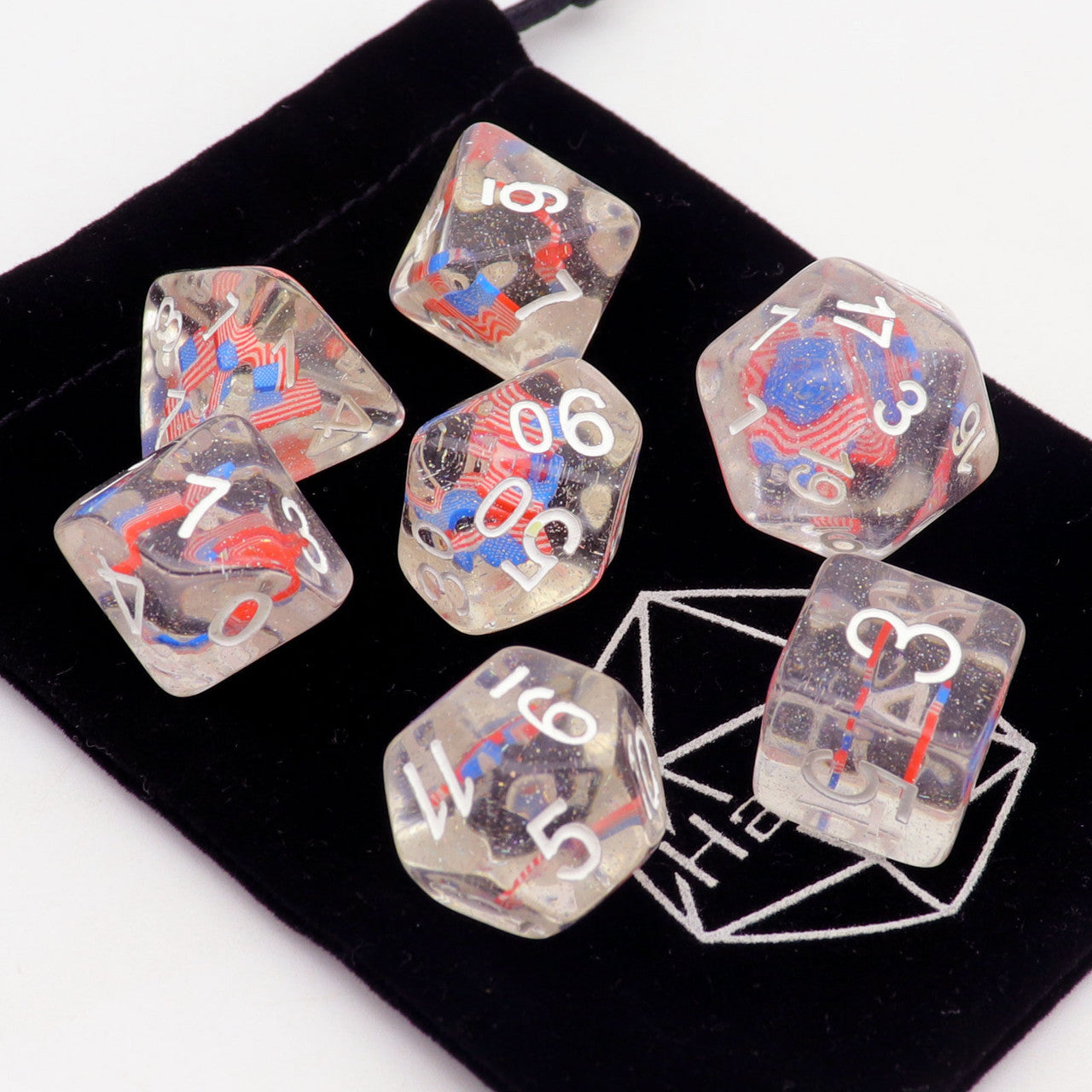 american flag dice, flag dice, glitter dice, dnd dice, rpg dice, dice set d d dice, red blue dice