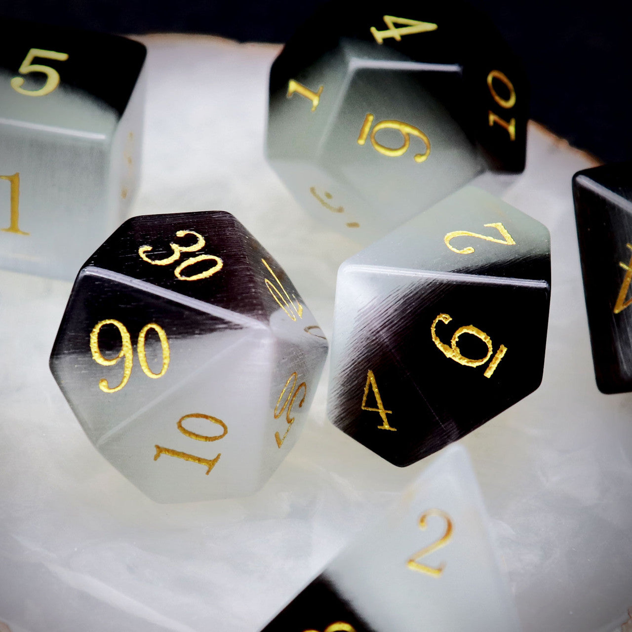 black and white cat eye stone dnd dice set gemstone